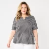 Plus Size Croft & Barrow® Three Quarter Sleeve Splitneck Top -Croft & Barrow 5501050 Black Flower Geo